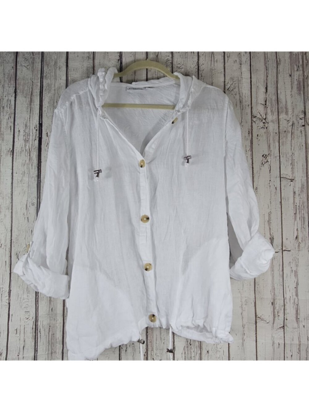 Liz Claiborne Linen Lightweight Hoodie Women XL White Button Roll Tab Coastal - Picture 3 of 4